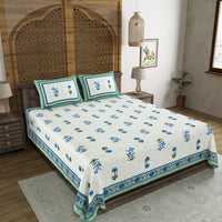 BLOCKS OF INDIA Hand Block Print Cotton King Size Bedsheet Blue Green Flower