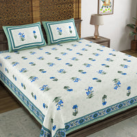 BLOCKS OF INDIA Hand Block Print Cotton King Size Bedsheet Blue Green Flower