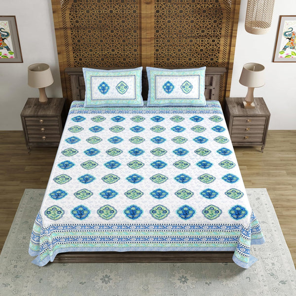 King Size Pure Cotton Hand Block Print Bedsheet (Blue Green Rose)