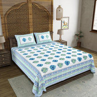 King Size Pure Cotton Hand Block Print Bedsheet (Blue Green Rose)