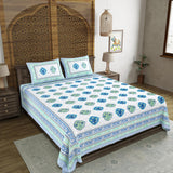 King Size Pure Cotton Hand Block Print Bedsheet (Blue Green Rose)