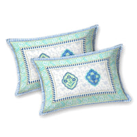 King Size Pure Cotton Hand Block Print Bedsheet (Blue Green Rose)