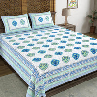 King Size Pure Cotton Hand Block Print Bedsheet (Blue Green Rose)