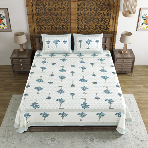 BLOCKS OF INDIA Hand Block Printed Cotton Super King Size Bedsheet(270 x 270) (Blue Grey Tree)