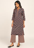Women's Printed Straight Kurta Set | Hand-Stitched Neck Details with mandarin collar | Comfortable Pants with Pockets, Elastic Waist & Drawstring Fit (Blue Paisley)