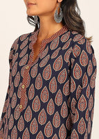 Women's Printed Straight Kurta Set | Hand-Stitched Neck Details with mandarin collar | Comfortable Pants with Pockets, Elastic Waist & Drawstring Fit (Blue Paisley)