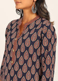 Women's Printed Straight Kurta Set | Hand-Stitched Neck Details with mandarin collar | Comfortable Pants with Pockets, Elastic Waist & Drawstring Fit (Blue Paisley)