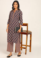Women's Printed Straight Kurta Set | Hand-Stitched Neck Details with mandarin collar | Comfortable Pants with Pockets, Elastic Waist & Drawstring Fit (Blue Paisley)