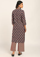 Women's Printed Straight Kurta Set | Hand-Stitched Neck Details with mandarin collar | Comfortable Pants with Pockets, Elastic Waist & Drawstring Fit (Blue Paisley)