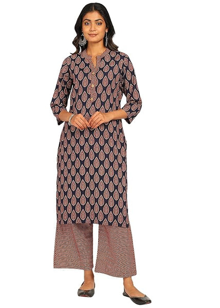 Women's Printed Straight Kurta Set | Hand-Stitched Neck Details with mandarin collar | Comfortable Pants with Pockets, Elastic Waist & Drawstring Fit (Blue Paisley)