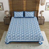 BLOCKS OF INDIA Hand Block Printed  Cotton Super King Size Bedsheet(270 x 270) (Blue Ikat Proceine)
