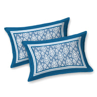 BLOCKS OF INDIA Hand Block Printed  Cotton Super King Size Bedsheet(270 x 270) (Blue Ikat Proceine)