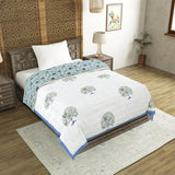 Cotton Single Size Quilt Hand Block Print for Light Winters (150x225 cm) (Blue tol)