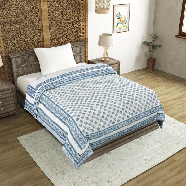Cotton Single Size Quilt/ Rajai Hand Block Print for Light Winters (150x225 cm) (Blue Tree)