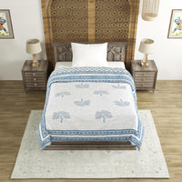 Cotton Single Size Quilt/ Rajai Hand Block Print for Light Winters (150x225 cm) (Blue Tree)