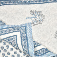 Cotton Single Size Quilt/ Rajai Hand Block Print for Light Winters (150x225 cm) (Blue Tree)