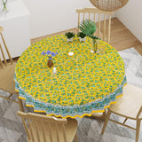 BLOCKS OF INDIA Cotton Hand Block Printed 180 Cm Round Table Cloth (Blue Yellow)