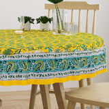 BLOCKS OF INDIA Cotton Hand Block Printed 180 Cm Round Table Cloth (Blue Yellow)