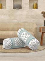 Rajasthani Handmade Hand Block Print Cotton Bolster Cover , Green Bird (2 Pcs)