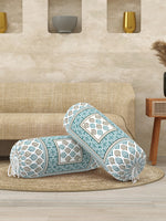 Rajasthani Handmade Hand Block Print Cotton Bolster Cover , Green Motifs (2 Pcs)