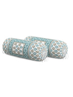 Rajasthani Handmade Hand Block Print Cotton Bolster Cover , Green Motifs (2 Pcs)