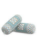 Rajasthani Handmade Hand Block Print Cotton Bolster Cover , Green Motifs (2 Pcs)