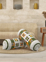 Rajasthani Handmade Hand Block Print Cotton Bolster Cover , Green star (2 Pcs)