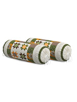 Rajasthani Handmade Hand Block Print Cotton Bolster Cover , Green star (2 Pcs)