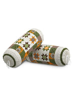 Rajasthani Handmade Hand Block Print Cotton Bolster Cover , Green star (2 Pcs)