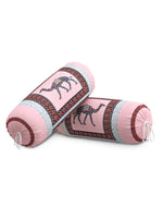 Rajasthani Handmade Hand Block Print Cotton Bolster Cover , Pink Camel (2 Pcs)