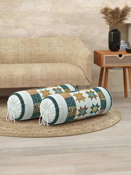 Rajasthani Handmade Hand Block Print Cotton Bolster Cover , Teal Star (2 Pcs)