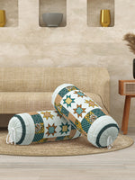 Rajasthani Handmade Hand Block Print Cotton Bolster Cover , Teal Star (2 Pcs)