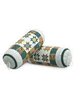 Rajasthani Handmade Hand Block Print Cotton Bolster Cover , Teal Star (2 Pcs)