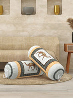 Rajasthani Handmade Hand Block Print Cotton Bolster Cover , Yellow Camel (2 Pcs)