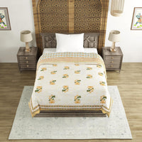 Cotton Single Size Quilt/ Rajai Hand Block Print for Light Winters (150x225 cm) (Brown Leaf)