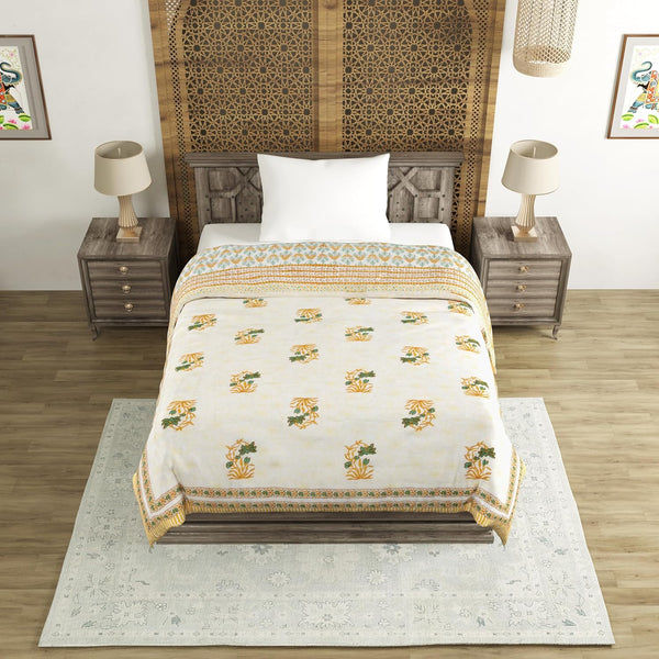 Cotton Single Size Quilt/ Rajai Hand Block Print for Light Winters (150x225 cm) (Brown Leaf)