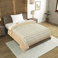 Cotton Single Size Quilt/ Rajai Hand Block Print for Light Winters (150x225 cm) (Brown Leaf)