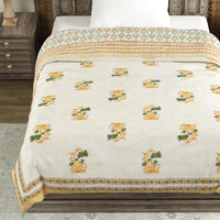 Cotton Single Size Quilt/ Rajai Hand Block Print for Light Winters (150x225 cm) (Brown Leaf)