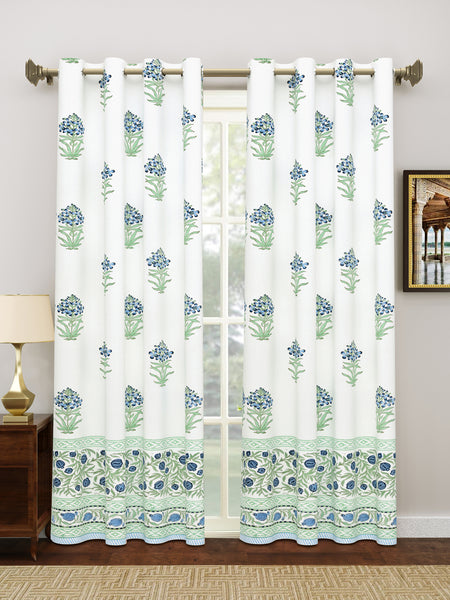 BLOCKS OF INDIA Hand Block Printed Cotton Daylight Curtain with Eyelets(Set of 2 Curtains) (Flower 214 cm / Door)