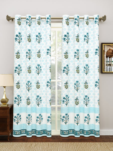 BLOCKS OF INDIA Hand Block Printed Cotton Daylight Curtain with Eyelets(Set of 2 Curtains) (Flower 214 cm / Door)