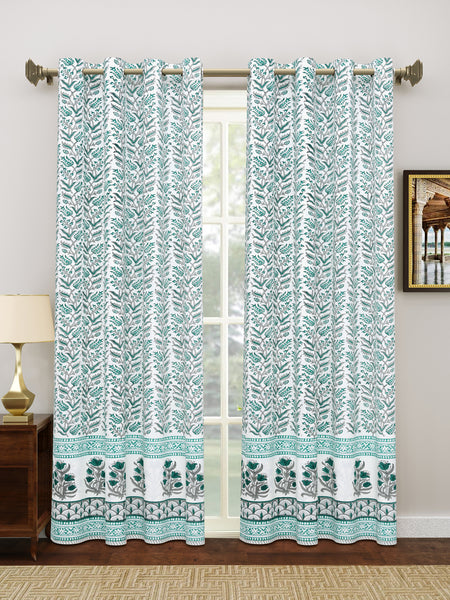 BLOCKS OF INDIA Hand Block Printed Cotton Daylight Curtain with Eyelets(Set of 2 Curtains) (Flower 214 cm / Door)