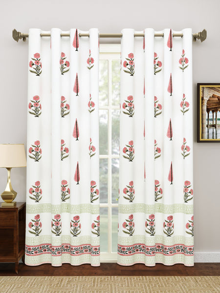 BLOCKS OF INDIA Hand Block Printed Cotton Daylight Curtain with Eyelets(Set of 2 Curtains) (Flower 214 cm / Door)