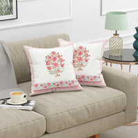 Rajasthani Handmade Hand Block Print Cotton Cushion Cover , Pink Rose (2 Pcs)