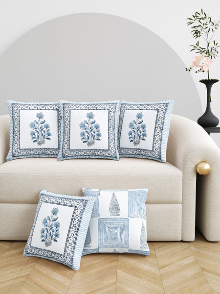 Rajasthani Handmade Hand Block Print Cotton Cushion Cover , Grey Rose (5 Pcs)