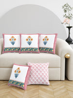 Rajasthani Handmade Hand Block Print Cotton Cushion Cover , Red Yellow Motifs (5 Pcs)