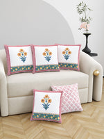 Rajasthani Handmade Hand Block Print Cotton Cushion Cover , Red Yellow Motifs (5 Pcs)