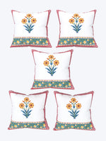 Rajasthani Handmade Hand Block Print Cotton Cushion Cover , Red Yellow Motifs (5 Pcs)