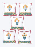 Rajasthani Handmade Hand Block Print Cotton Cushion Cover , Red Yellow Motifs (5 Pcs)