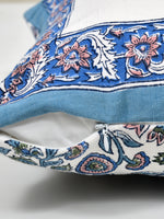 BLOCKS OF INDIA Hand Block Printed Cotton Linen Cushion Cover (40 x 40 cm) (Blue Vass)