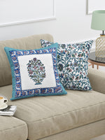 BLOCKS OF INDIA Hand Block Printed Cotton Linen Cushion Cover (40 x 40 cm) (Blue Vass)